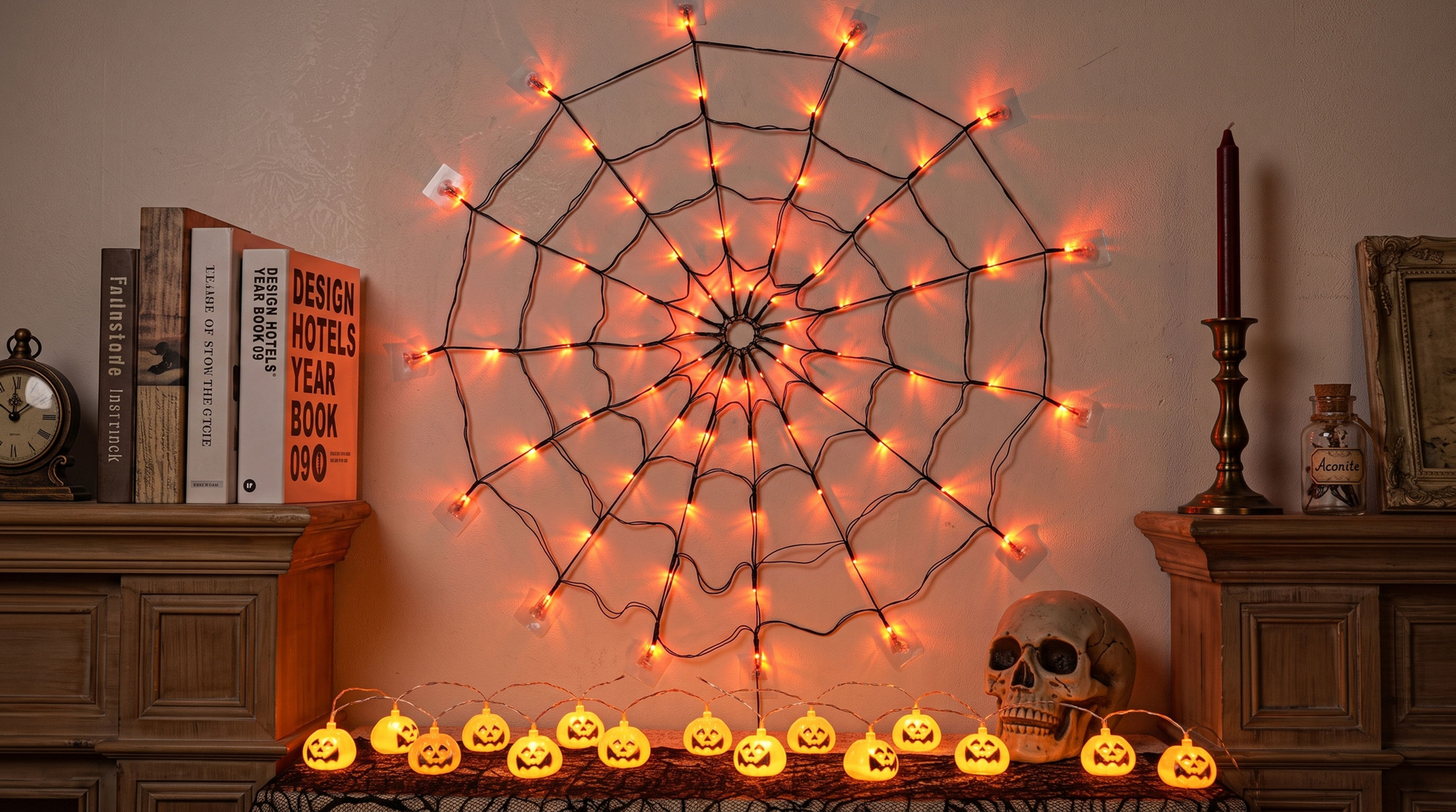 Aesthetic orange LED spider web lights casting a vibrant spooky neon glow next to a Halloween skull layout.