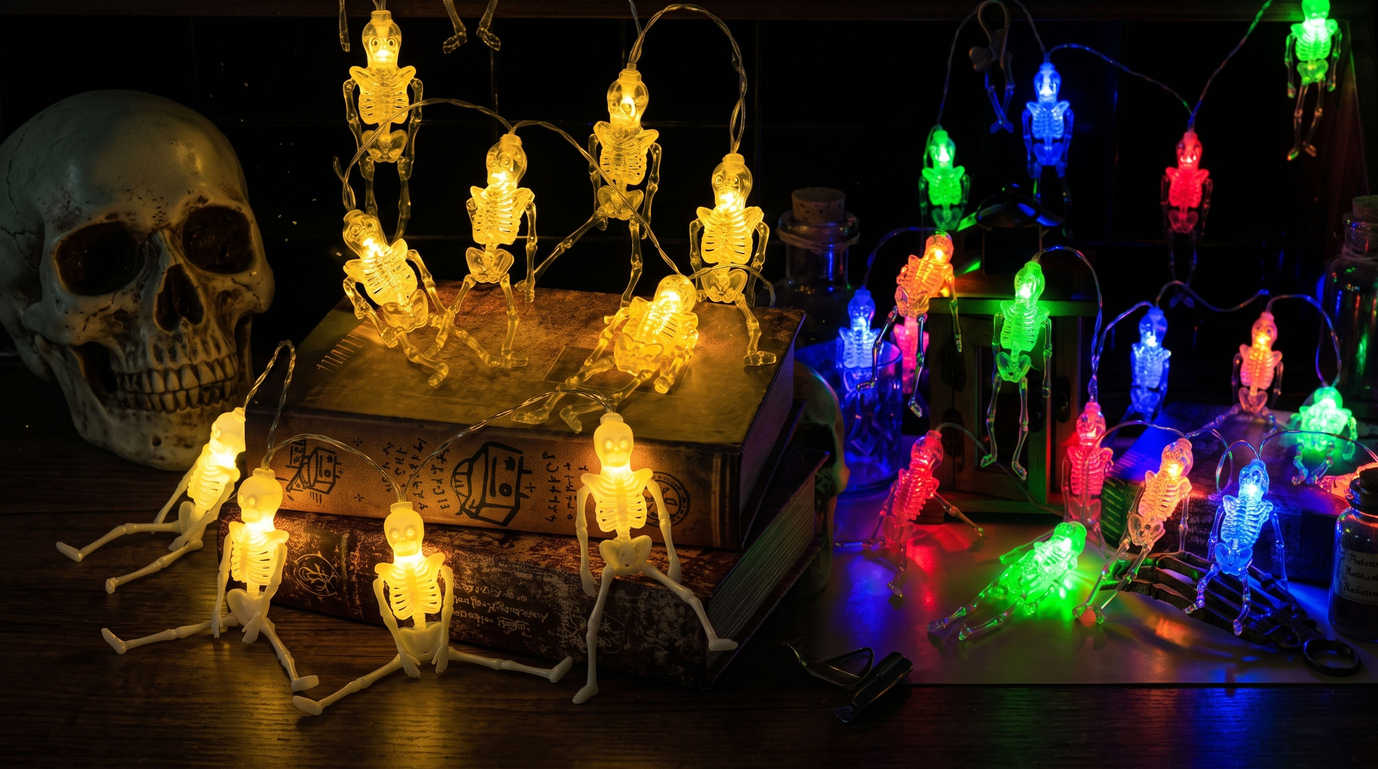 Aesthetic skeleton skull string lights casting a warm amber LED ambient glow for cozy Halloween room decor.