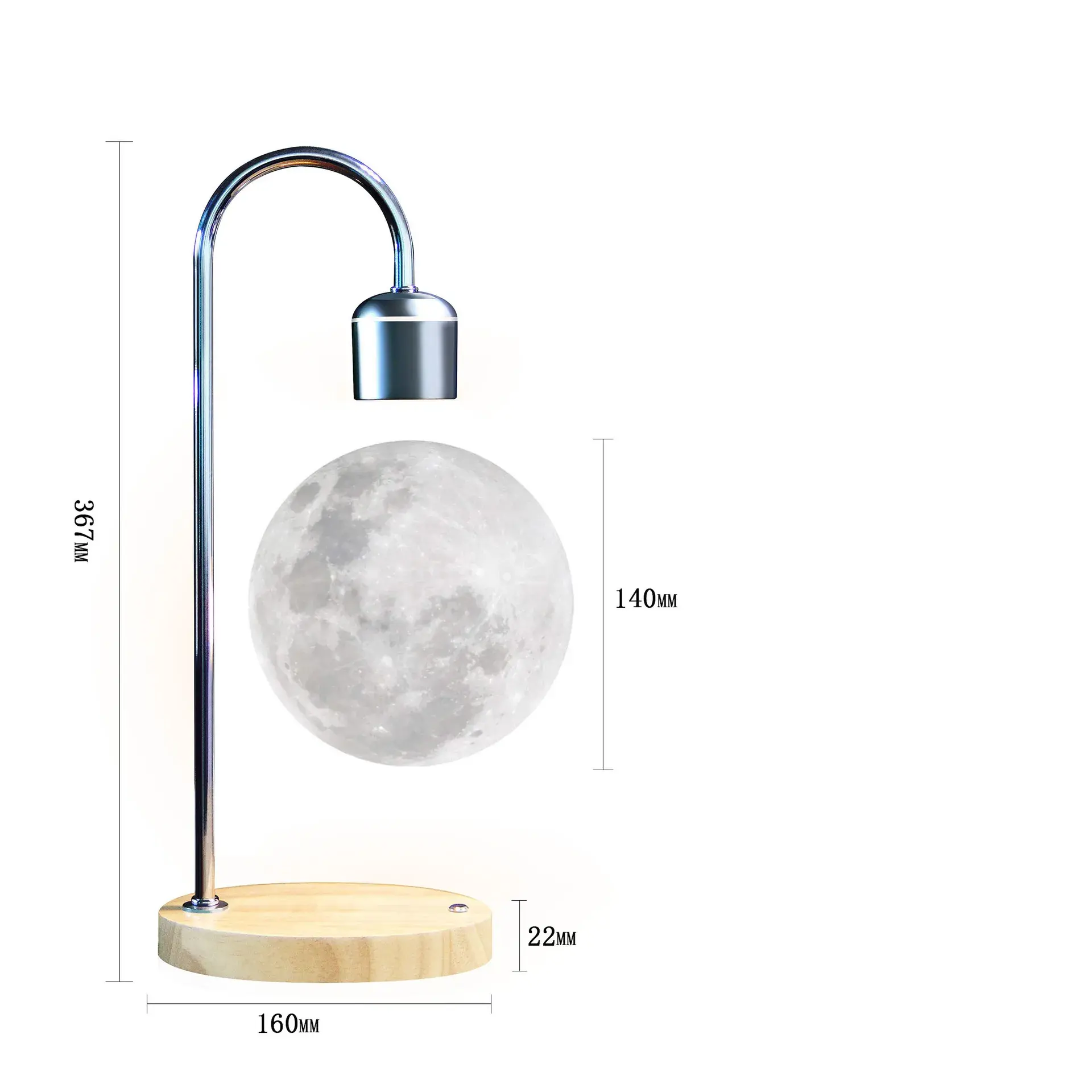 Aesthetic levitating 3D moon orbit light floating under a sleek curved metal stand on a wood base.