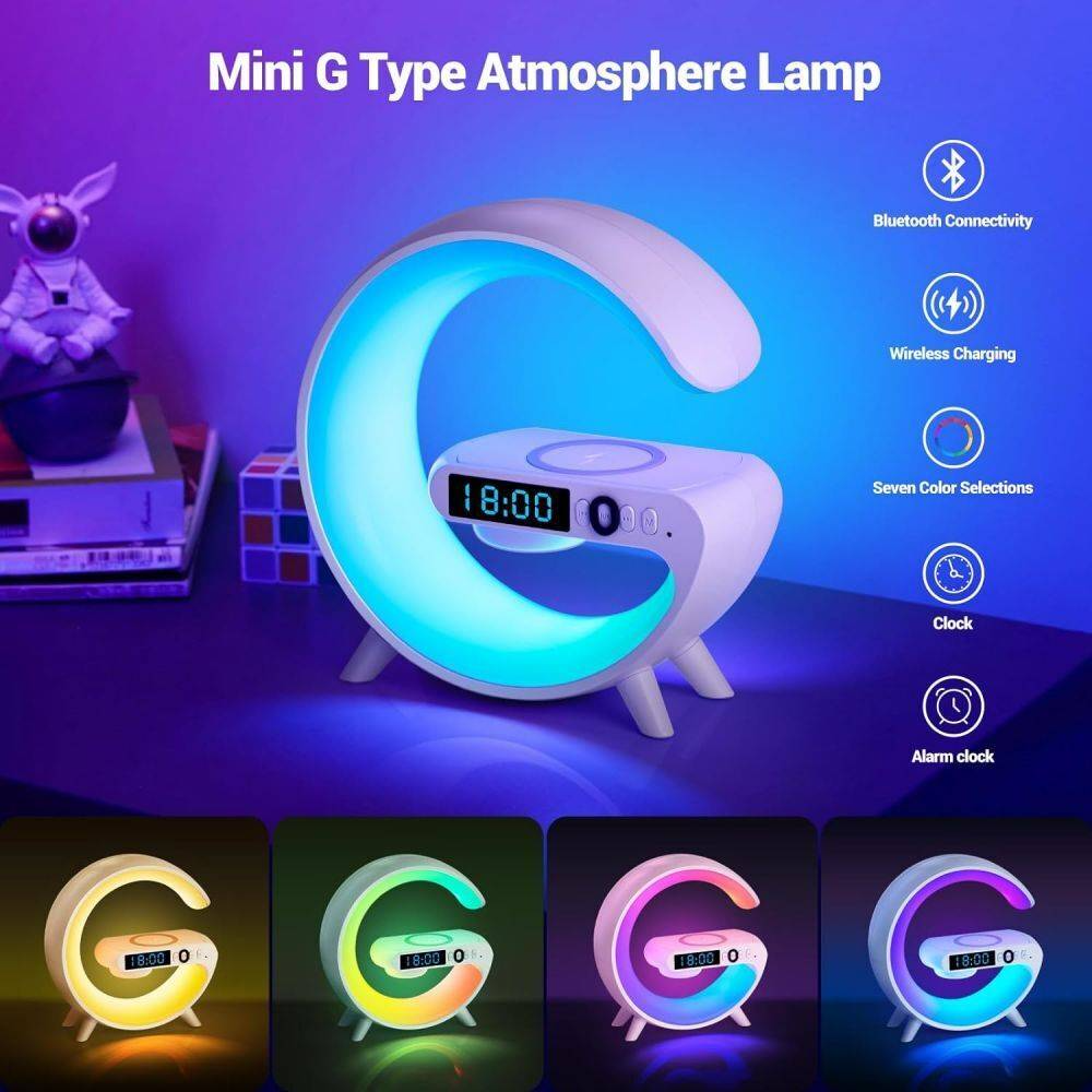 Smart G lamp night light with vibrant blue RGB ambient lighting options showing customizable color modes.
