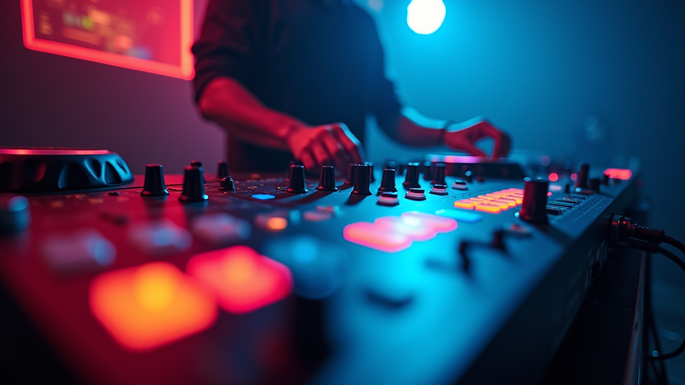Eye-level view of DJ mixing console with colorful lights
