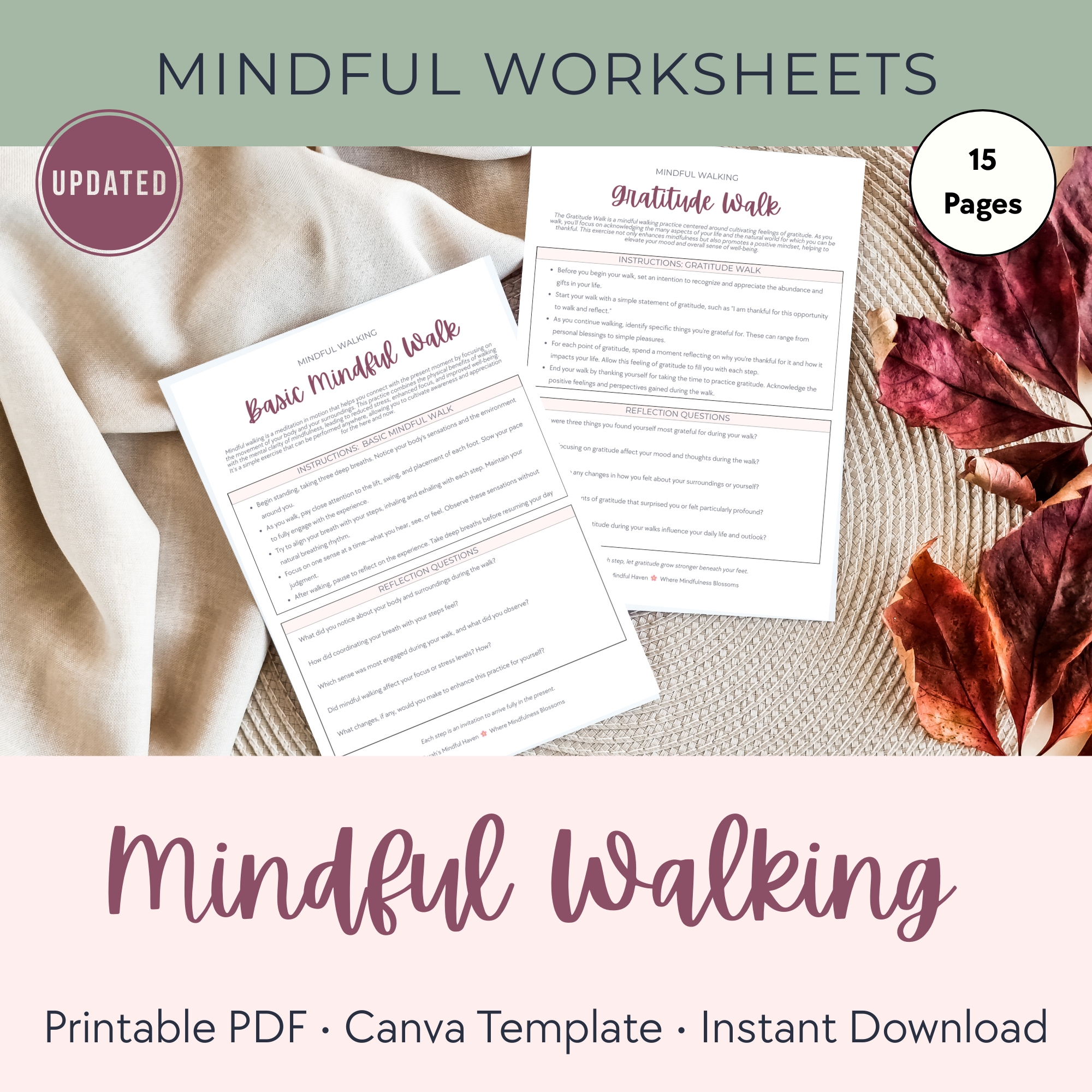 Updated mindful walking worksheets printable set with 15 pages.