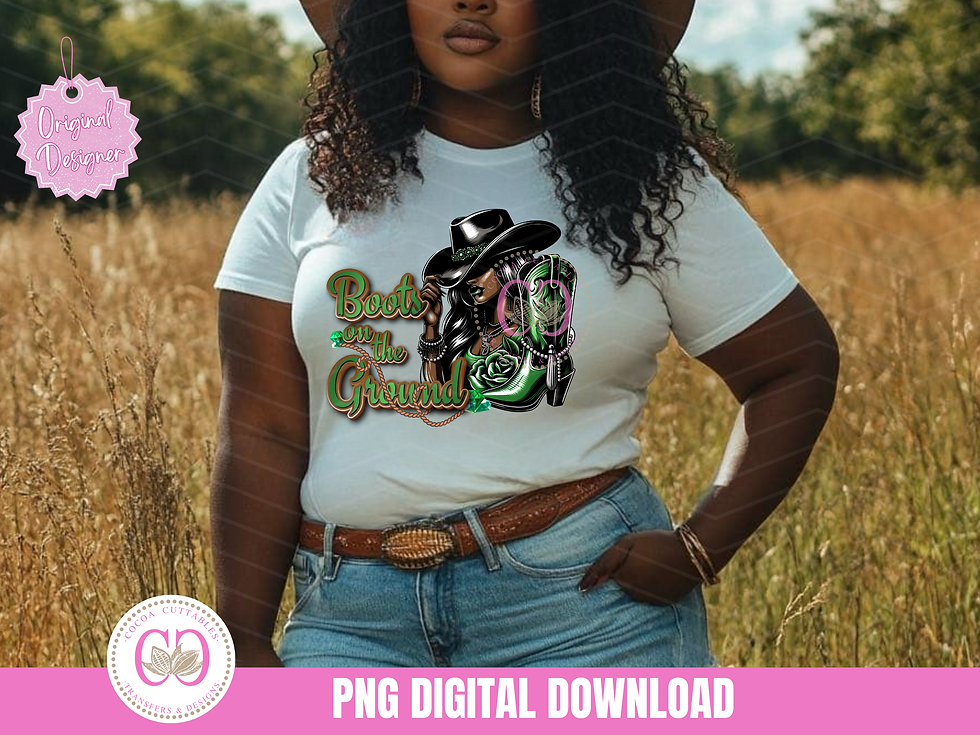 Thumbnail: Melanin Rodeo Queen Green Boots On The Ground Black Cowgirl Western PNG File