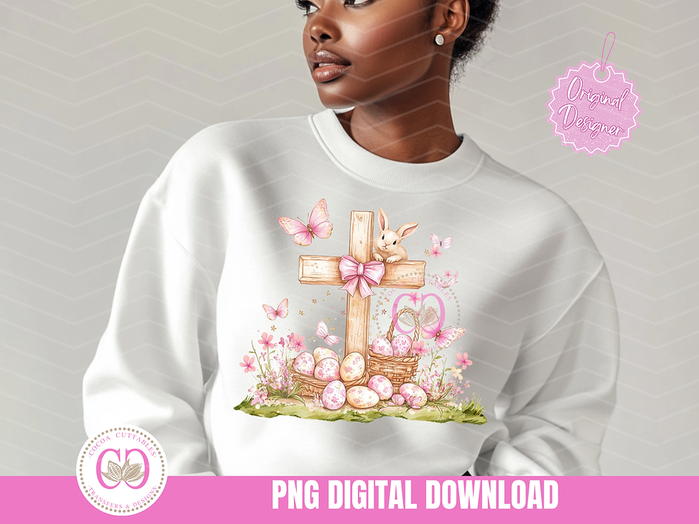 Thumbnail: Wooden Easter Cross with Easter Bunny Easter Eggs & Butterflies Digital PNG File