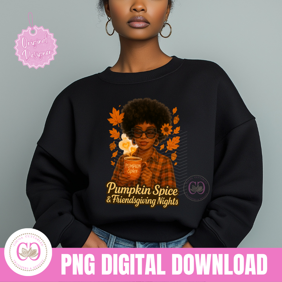 Thumbnail: Pumpkin Spice Friendsgiving Png, Thanksgiving Black Afro Woman Png, Fall Png