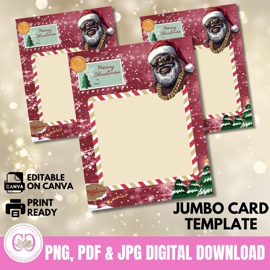 Afro Santa Red Christmas Holiday Jumbo Christmas Card Editable Canva Template