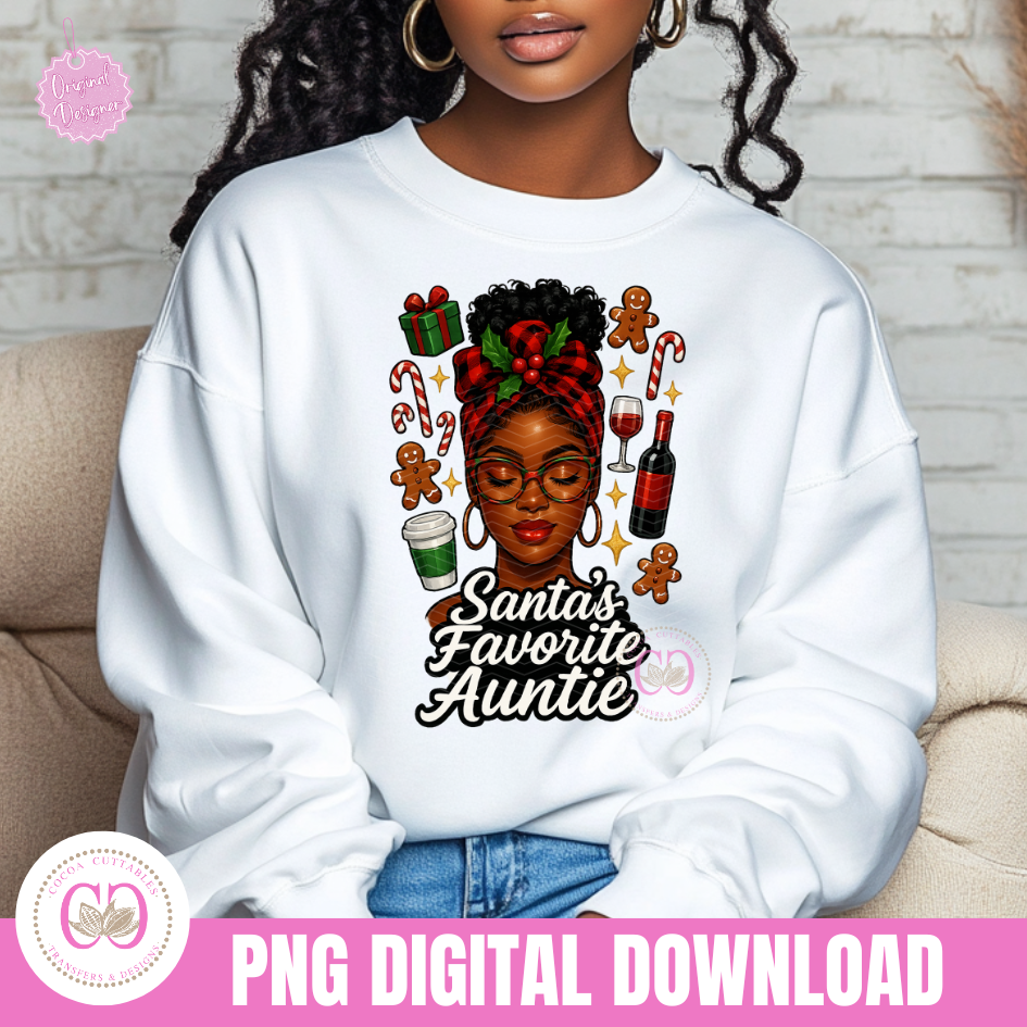 Afro Messy Bun Santa's Favorite Auntie Merry Christmas PNG Black Woman Christmas