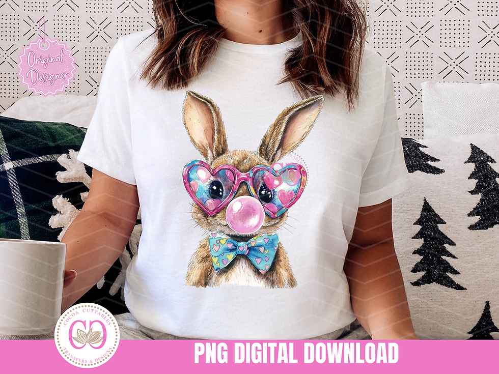 Thumbnail: Bubblegum Easter Bunny With Heart Sunglasses & Blue Bow Digital PNG File