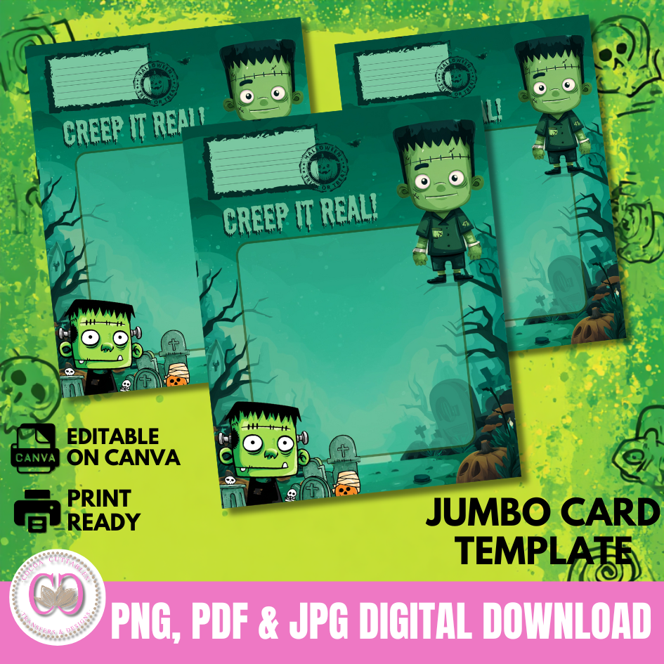 Frankenstein Monster Creep It Real Halloween Jumbo Card Editable Canva Template