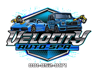 Velocity Auto Spa logo featuring blue Porsche, Mercedes, and phone 801-852-0171.