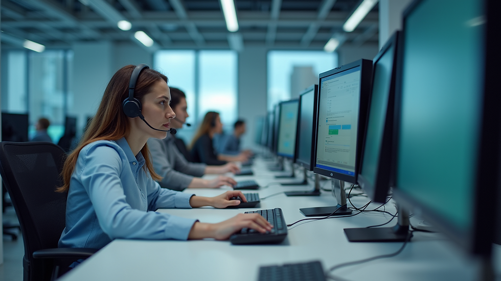 Eye-level view of a modern call center with multiple computer screens