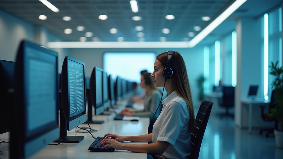 Eye-level view of a modern call center with AI-powered computers