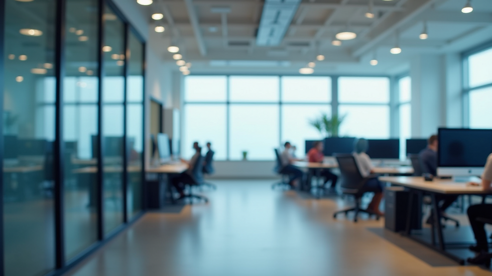 Wide angle view of a modern office with cloud call center technology in use