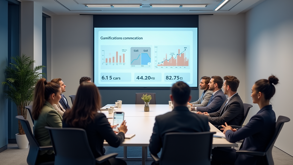 High angle view of a team meeting room with a screen showing gamification statistics