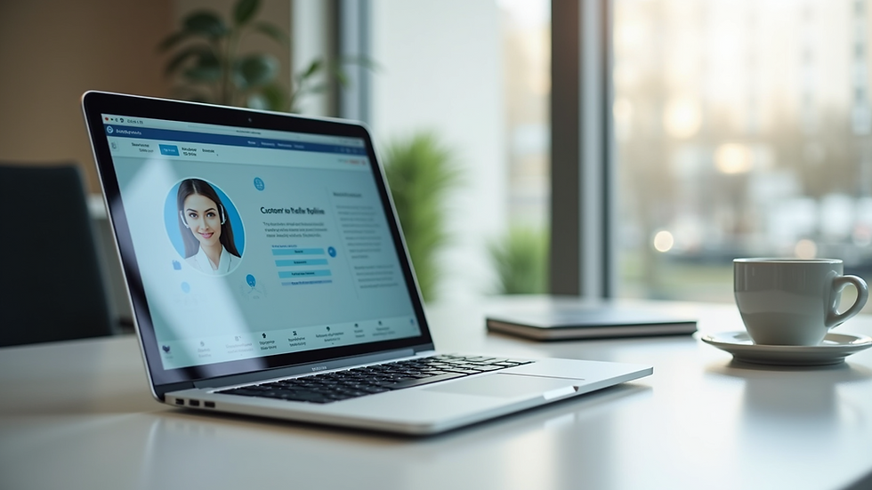 Eye-level view of a modern office desk with a laptop showing customer service software