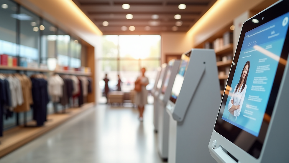 Eye-level view of a modern retail store with digital customer service kiosks
