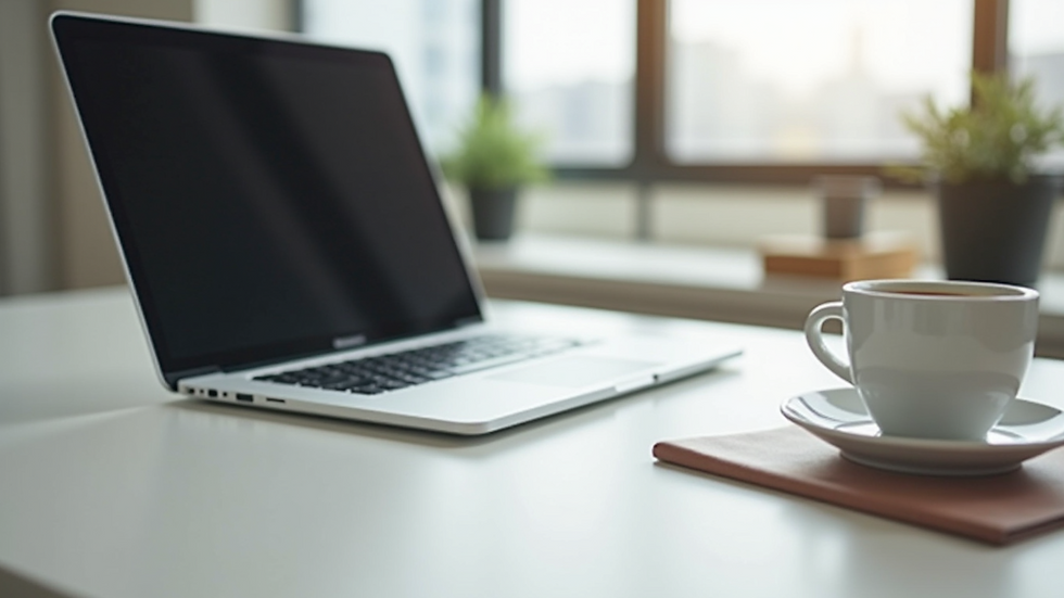 Eye-level view of a modern office desk with a laptop and coffee cup