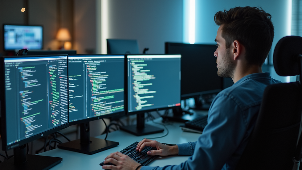High angle view of a software developer working on code with multiple monitors in a tech office