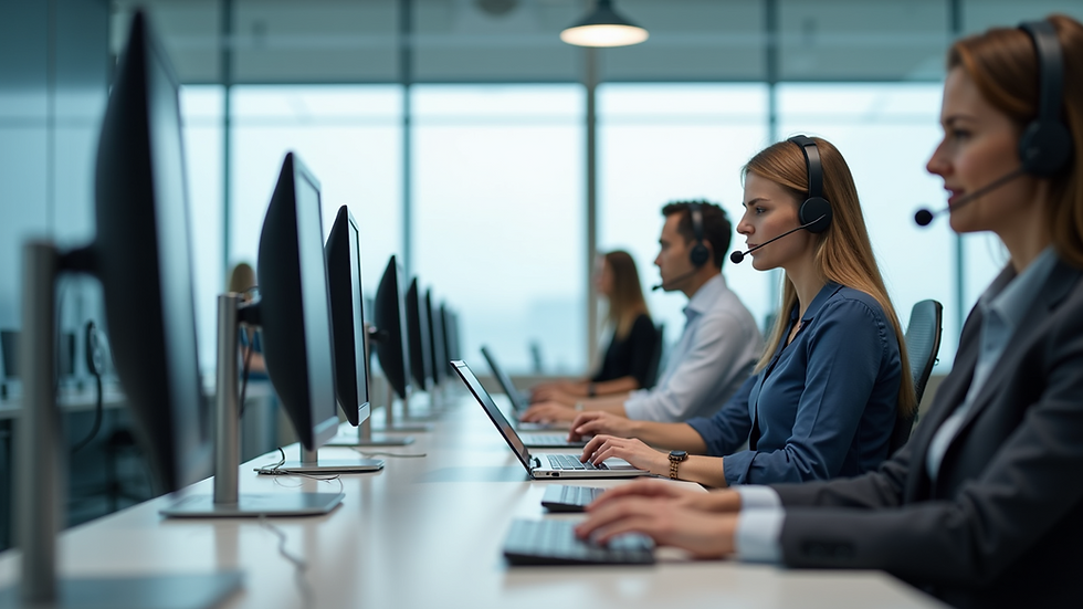 Eye-level view of a modern call center with multiple agents working