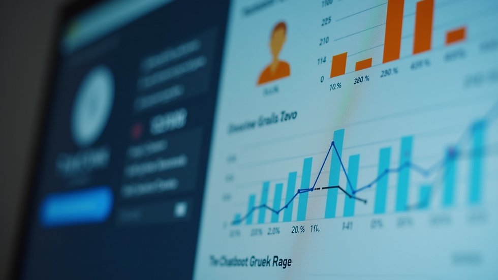 Close-up of a computer screen displaying real-time customer service analytics and chatbot interactions