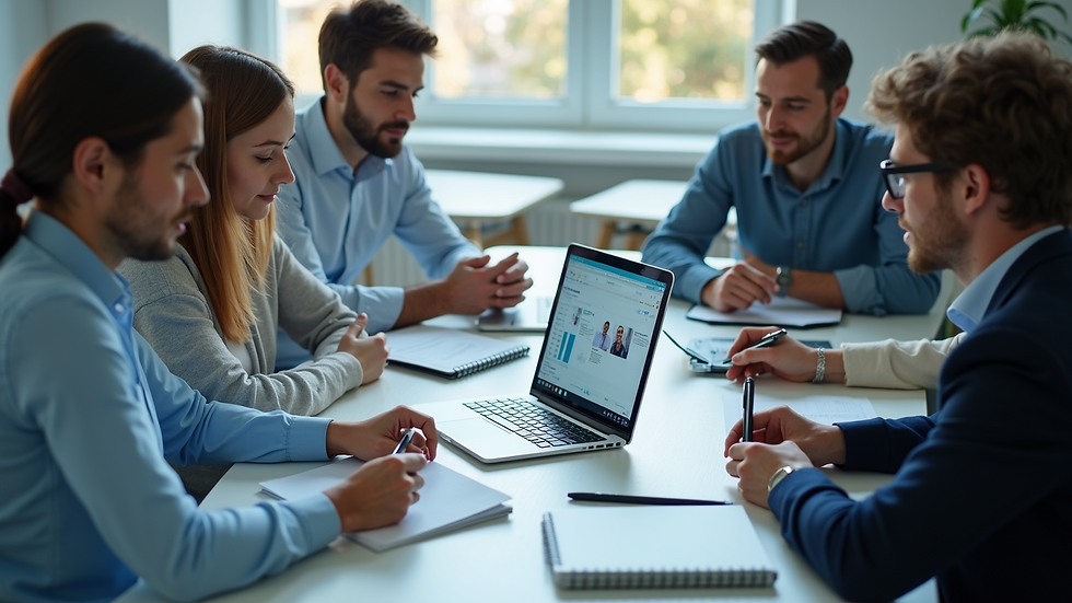 High angle view of a team collaborating on AI chatbot implementation