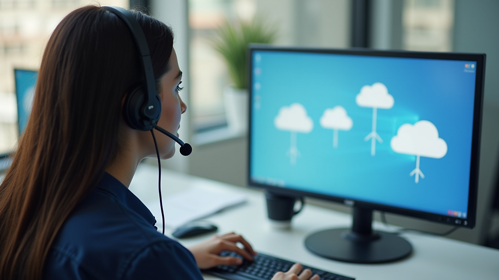 High angle view of a call center agent using a headset with cloud call center software