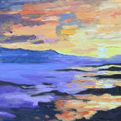 Orange Sunset, Aberdour
Artist: Natasha Hawes
Medium:  Oil on Board
Presentation:  Framed
Framed Size: 27 x 27cm
Price:  £175