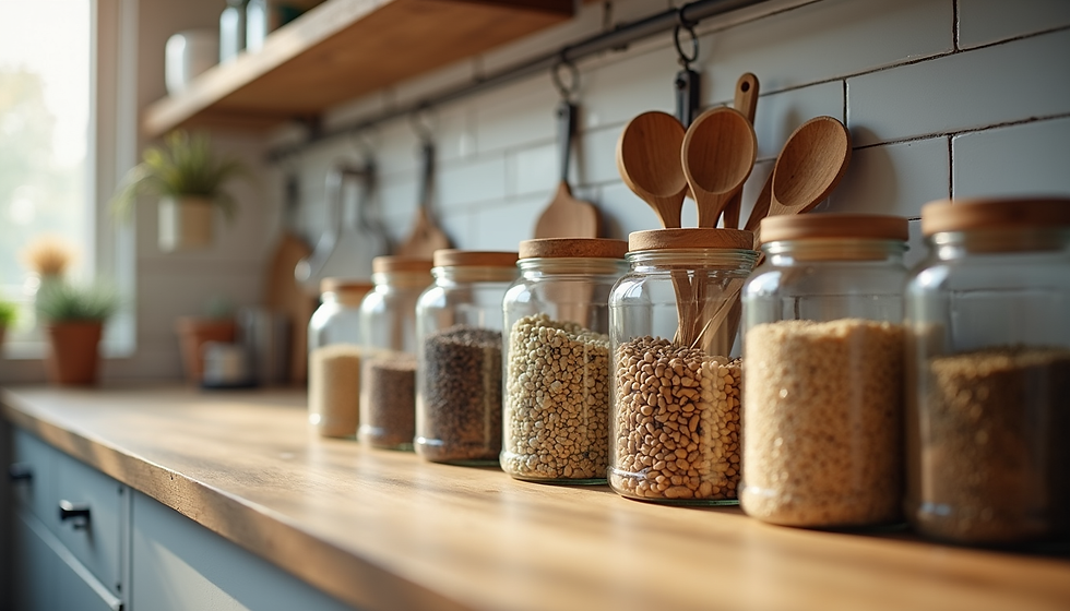Wide-angle view of a calm home kitchen with a wooden cutting board, stainless steel pan, and glass food containers on the counter.