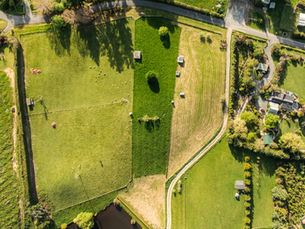 Aerial view of bare lifestyle sections on Awa Awa Road, Upper Moutere, showing the rural subdivision, and surrounding countryside in the Tasman region.