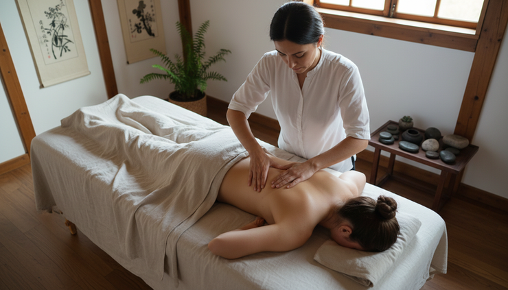 Overhead view of hands applying gentle pressure along the lower back during Tui Na.