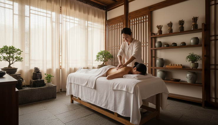 Eye-level view of a Tui Na therapy session in a calm treatment room.
