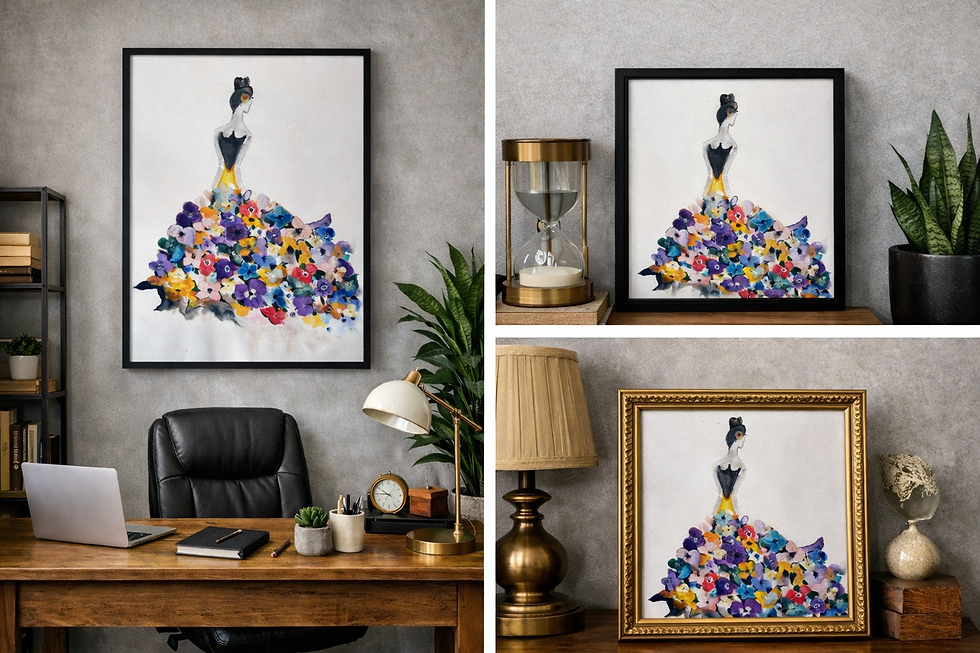 Wandbild Frau in Blumenkleid stillvoll dekoriert im Wohnbereich