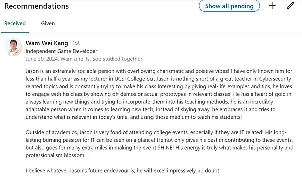 Wam Wei Kang recommendation in Linkedin.png