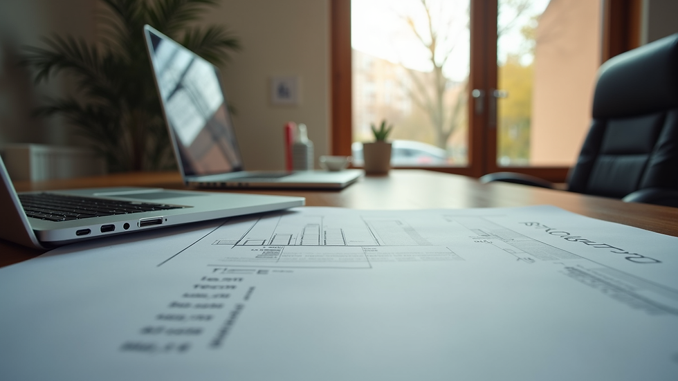 Vue en plongée d’un bureau avec des plans de mariage et un ordinateur portable