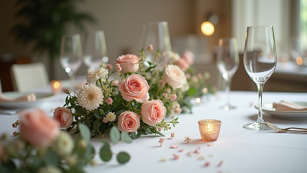 Plan rapproché d’une table de mariage décorée avec des fleurs et des bougies