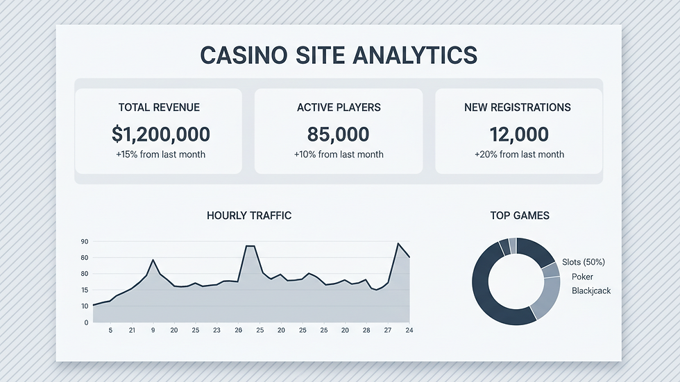 High angle view of a digital marketing dashboard showing casino site analytics