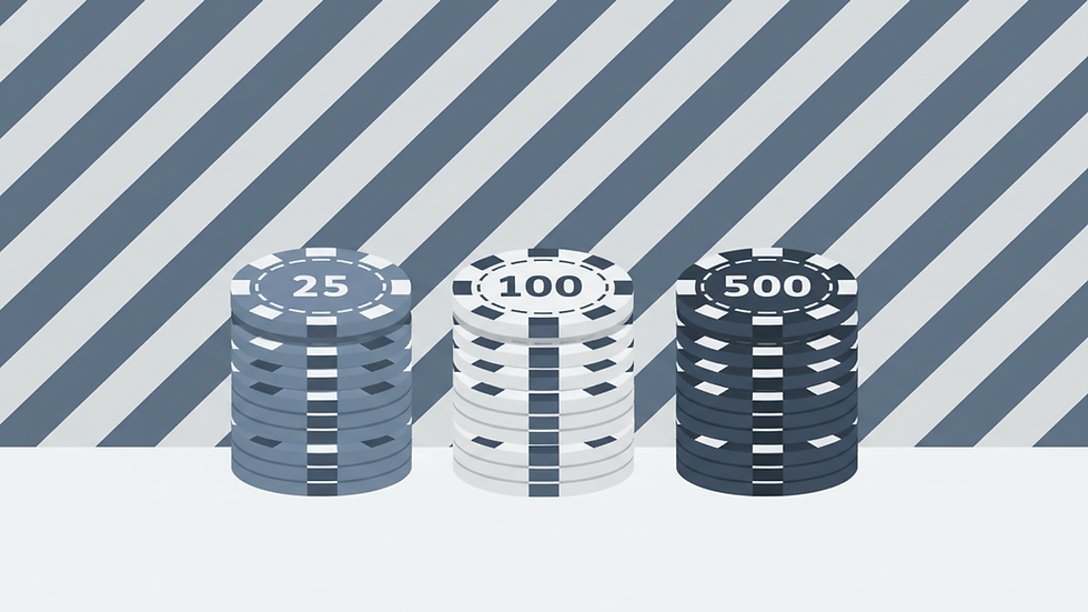 Eye-level view of casino chips stacked neatly on a table