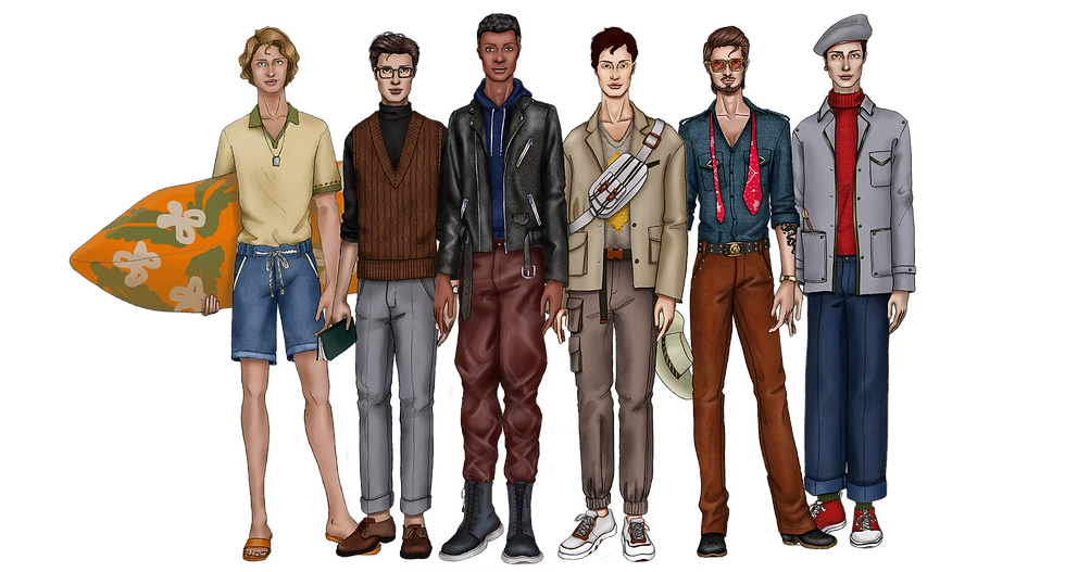 Seis hombres posan con ropa variada: uno con una tabla de surf naranja, otro con chaqueta de cuero. Estilos diversos, ambiente casual.