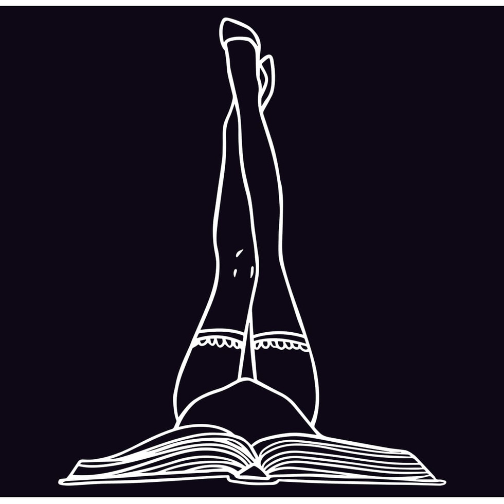 Line art of legs in stockings behind an open book.