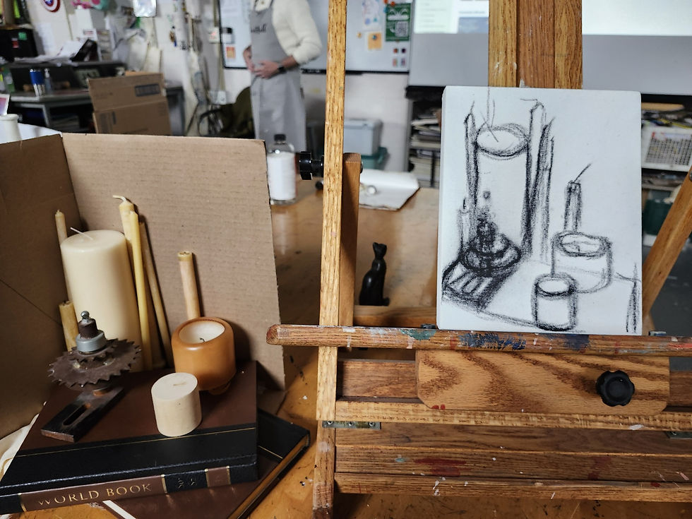 My final composition for now, like the candles and color, but the "doohickey" might over-complicate things, also started on the sketch(2/13/25)