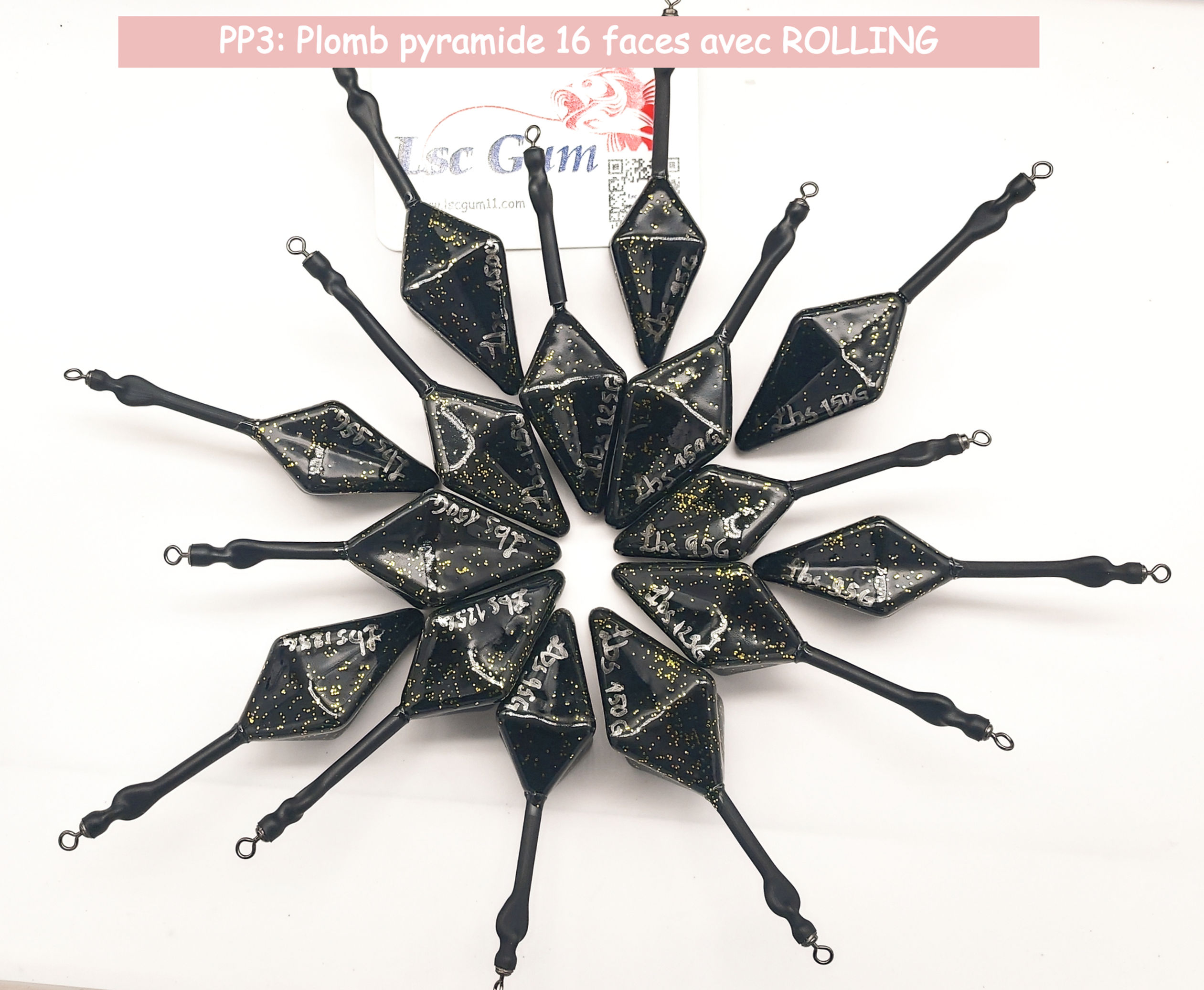 Plomb pyramide LBS (PP3) 16 faces Phospho Avec rolling, Sans tige