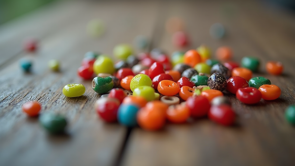 Close-up view of colorful fishing beads on a wooden surface
