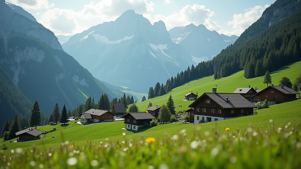 Eye-level view of a Swiss mountain village with traditional houses and green fields