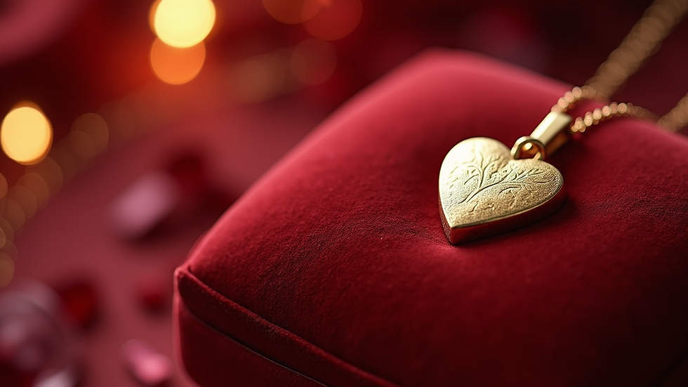 Close-up view of a gold heart pendant on a velvet cushion