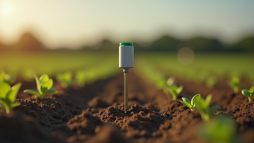 Close-up view of soil moisture sensor inserted in farmland