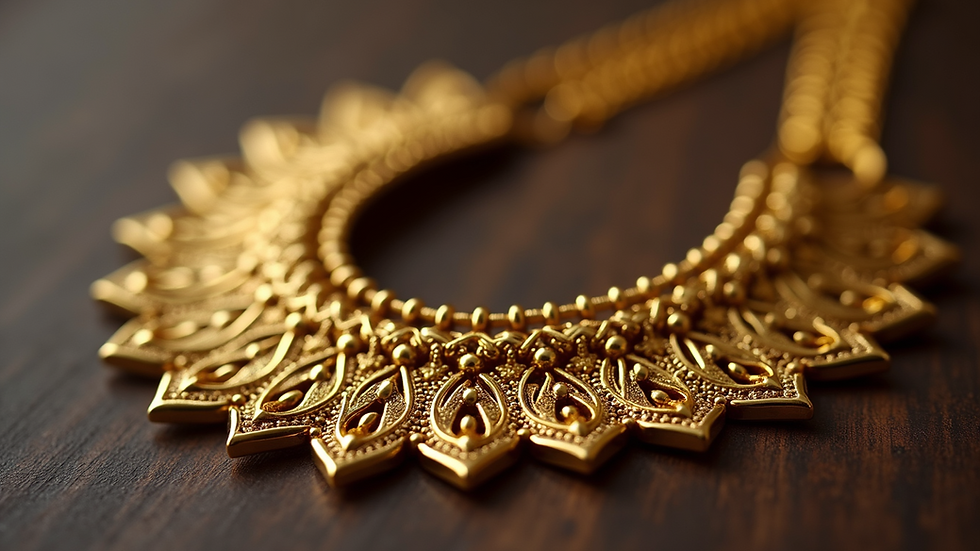 Close-up view of a handmade gold necklace with intricate designs