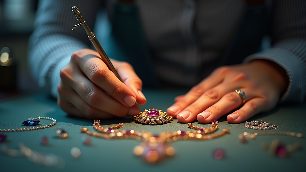 Eye-level view of a jeweller selecting gemstones for a custom necklace