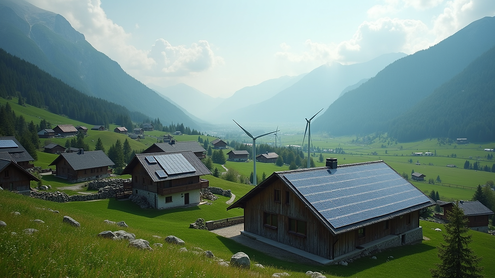 High angle view of a Swiss village with solar panels and wind turbines