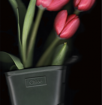 Green designer rubber boots, ChloƩ Betty Rain Boot, filled with pink tulips and green leaves