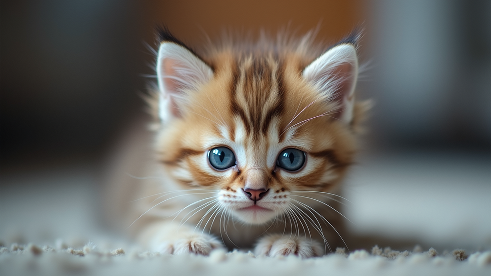 Close-up view of a fluffy high-end kitten with striking blue eyes